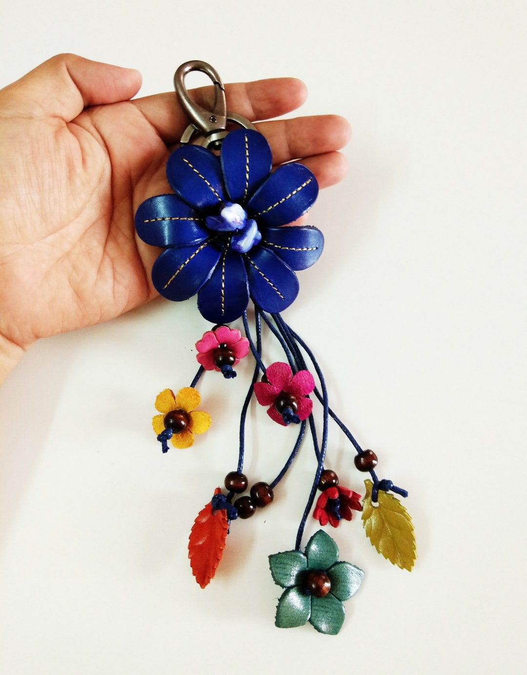 Leather Flower Keychain: Navy Blue Floral Bag Charm - Etsy