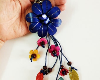 Genuine Leather Flower Navy Blue Keychain Bag Charm, Floral Hook Real Leather Purse Charm, Handbag Zipper Charm Accessories