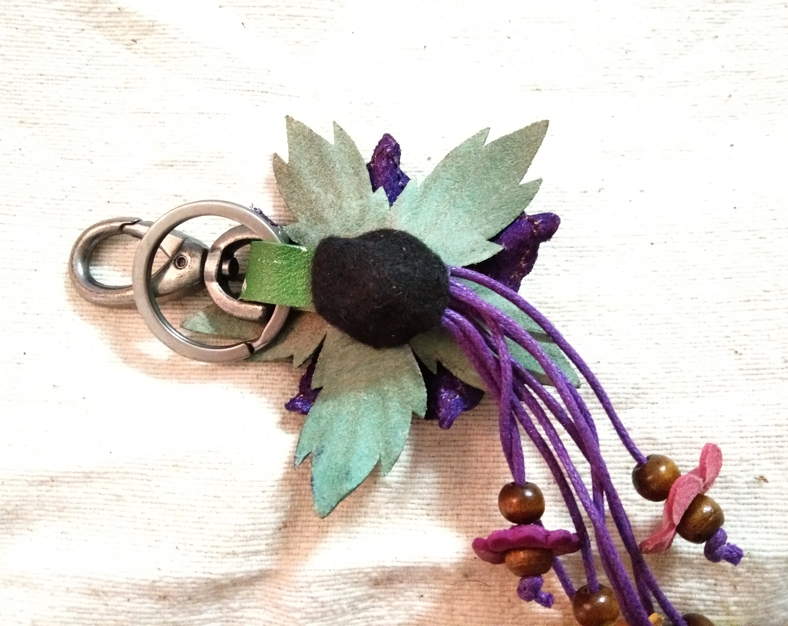 Keychain Genuine Leather Orchid Flower Purple Keyring Etsy