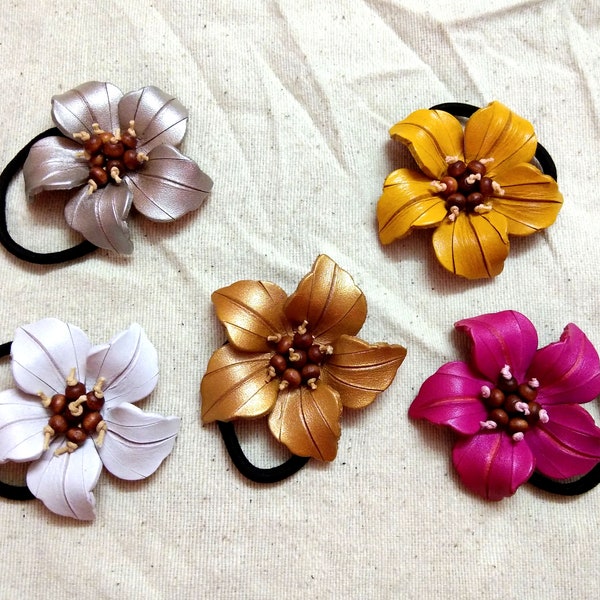 Leather orchid flower Elastic hair ties and ponytail holder, Leather hair Accessories, Bridesmaids Gift, Leather flower Hair elastic, Flower