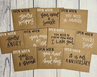 Open when letters, Open when envelopes, Open when cards, Open when gift, Long distance gift, Hand lettered cards, Going away gift