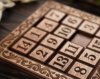 Hölzernes 15 Puzzle, Schiebezahlenpuzzlespiel, klassisches fünfzehn Puzzlespielzeug für Erwachsene, Vintage-logisches Denkspiel, traditionelles Brettspiel