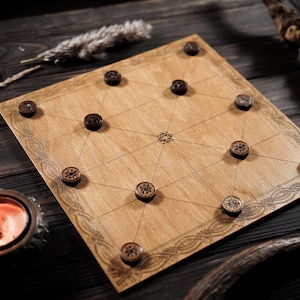 Alquerque ancient board game, logic game board, two players ancient checkers, stylish game board, minimalist historic game, wooden checkers