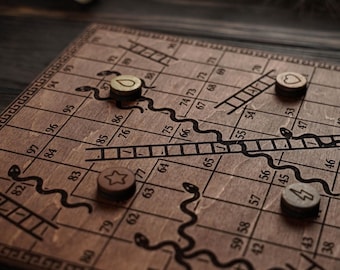 Rustic Wooden Snakes and Ladders Board Game, Handmade Vintage Style Family Game, Eco Friendly Gift for Him or Her, Travel Table Game