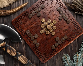 Hnefatafl on a wooden board "YGGDRASIL" , handmade hnefatafl, viking chess, engraved hnefatafl, ancient board games, custom made games