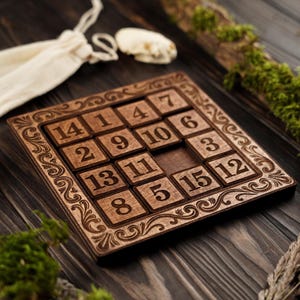 Classic Fifteen Puzzle Toy for Adults, Wooden 15 Puzzle, Sliding Number Puzzle Game,  Vintage Logic Brain Teaser, Traditional Board Game