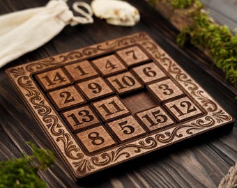 Classic Fifteen Puzzle Toy for Adults, Wooden 15 Puzzle, Sliding Number Puzzle Game,  Vintage Logic Brain Teaser, Traditional Board Game