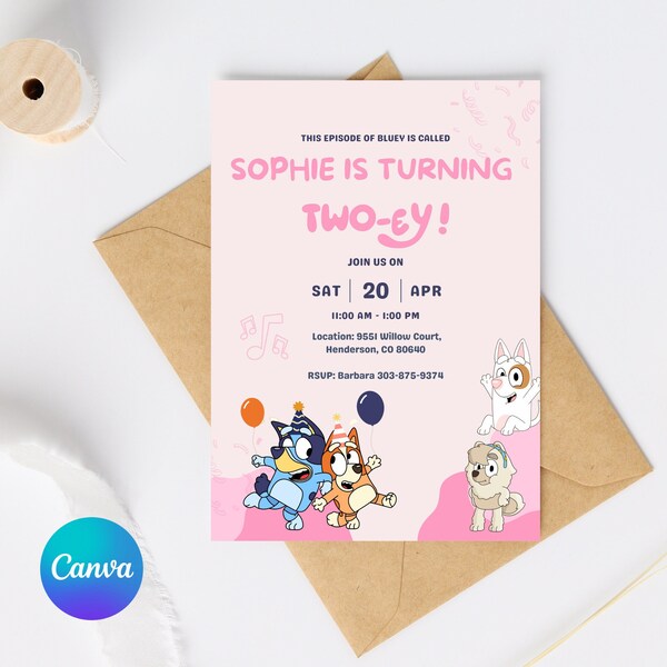 Bluey Twoey Birthday Invitation Digital Etsy
