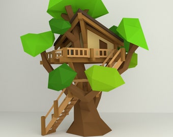 DIY TreeHouse-model, 3D Papercraft PDF-patroon / Eenvoudige Origami lowpoly Architecturale kit voor volwassenen of kinderen Kamerdecoratie / Verjaardagscadeau