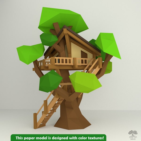 DIY TreeHouse model, 3D Papercraft PDF pattern / Simple Origami lowpoly Architectural kit for adults or kids Room Decor / Anniversary Gift