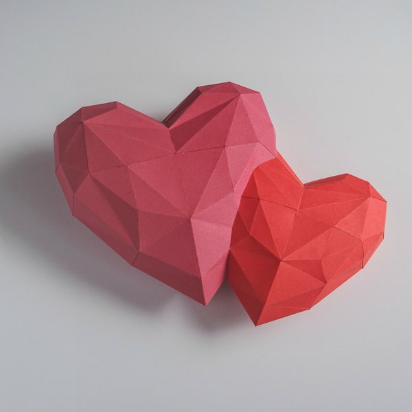 Two Hearts 3D Papercraft PDF pattern / DIY  low poly Origami for adults or kids / Simple Wedding paper decor or Valentines day gift