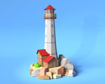 Lighthouse on rocks 3D Papercraft PDF Pattern Template/ DIY Low poly paper Light house as decor sculpture/ Pepakura Cardstock model building