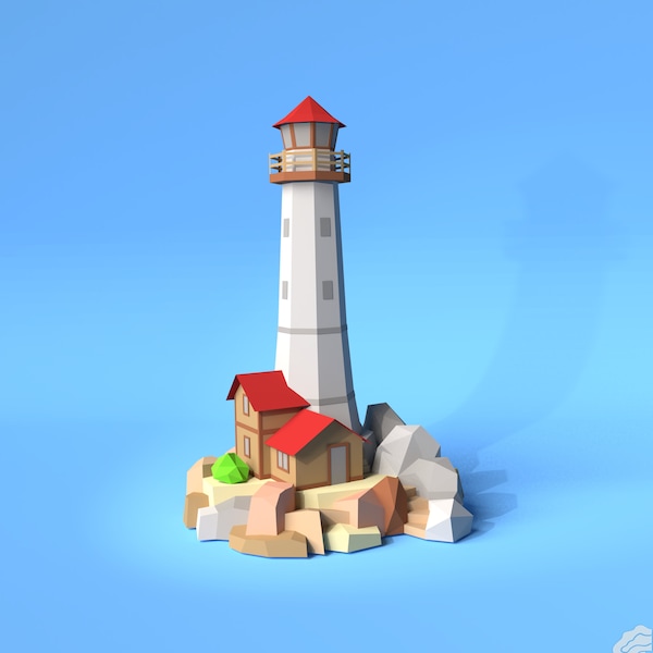Lighthouse on rocks 3D Papercraft PDF Pattern Template/ DIY Low poly paper Light house as decor sculpture/ Pepakura Cardstock model building