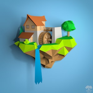 Watermill island 3D papercraft PDF pattern/DIY Low poly Paper craft Wall decor Sculpture/Simple origami Fantasy Water Mill Floating Village