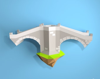 Stone arch bridge 3D papercraft PDF pattern/ DIY Low poly architecture model for Wall decor sculpture/ Floating Island Village Expansion set