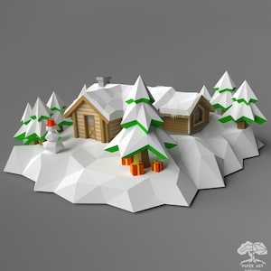 May include: A white papercraft model of a snowy cabin with green trees and red gift boxes. The cabin has a brown wooden door and windows. The scene is set on a white snowy base.