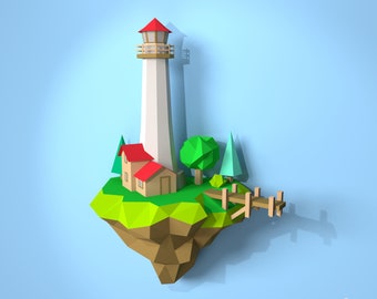 Lighthouse island 3D papercraft PDF Pattern/DIY Low poly Paper craft Wall decor Sculpture/Simple origami Light house Floating Village model