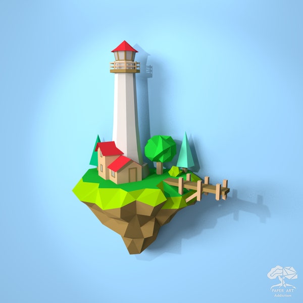 Lighthouse island 3D papercraft PDF Pattern/DIY Low poly Paper craft Wall decor Sculpture/Simple origami Light house Floating Village model