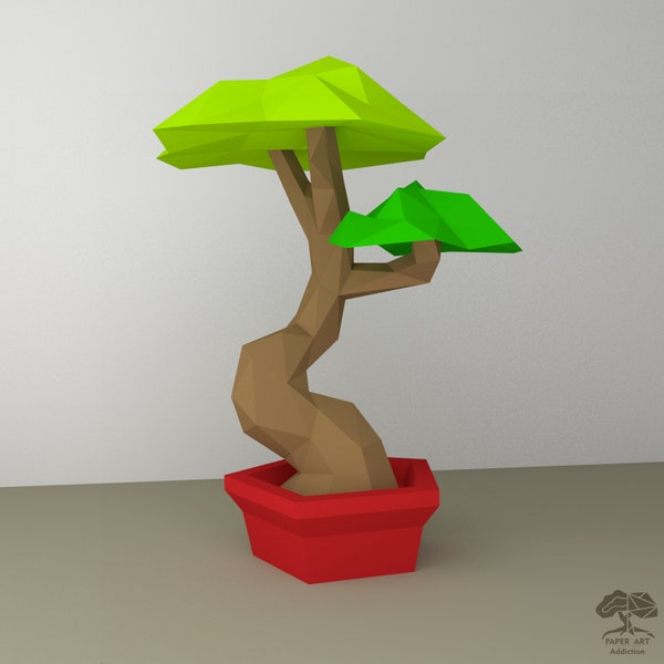 Modelo de árbol bonsái deformado DIY, patrón PDF de Papercraft 3D/Escultura simple de papel de baja poli para decoración de habitación de niños como roble/pino retorcido