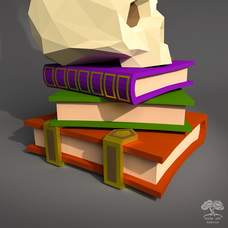 May include: A stack of three books with a white skull on top. The top book is purple with gold accents, the middle book is green, and the bottom book is orange with gold clasps.