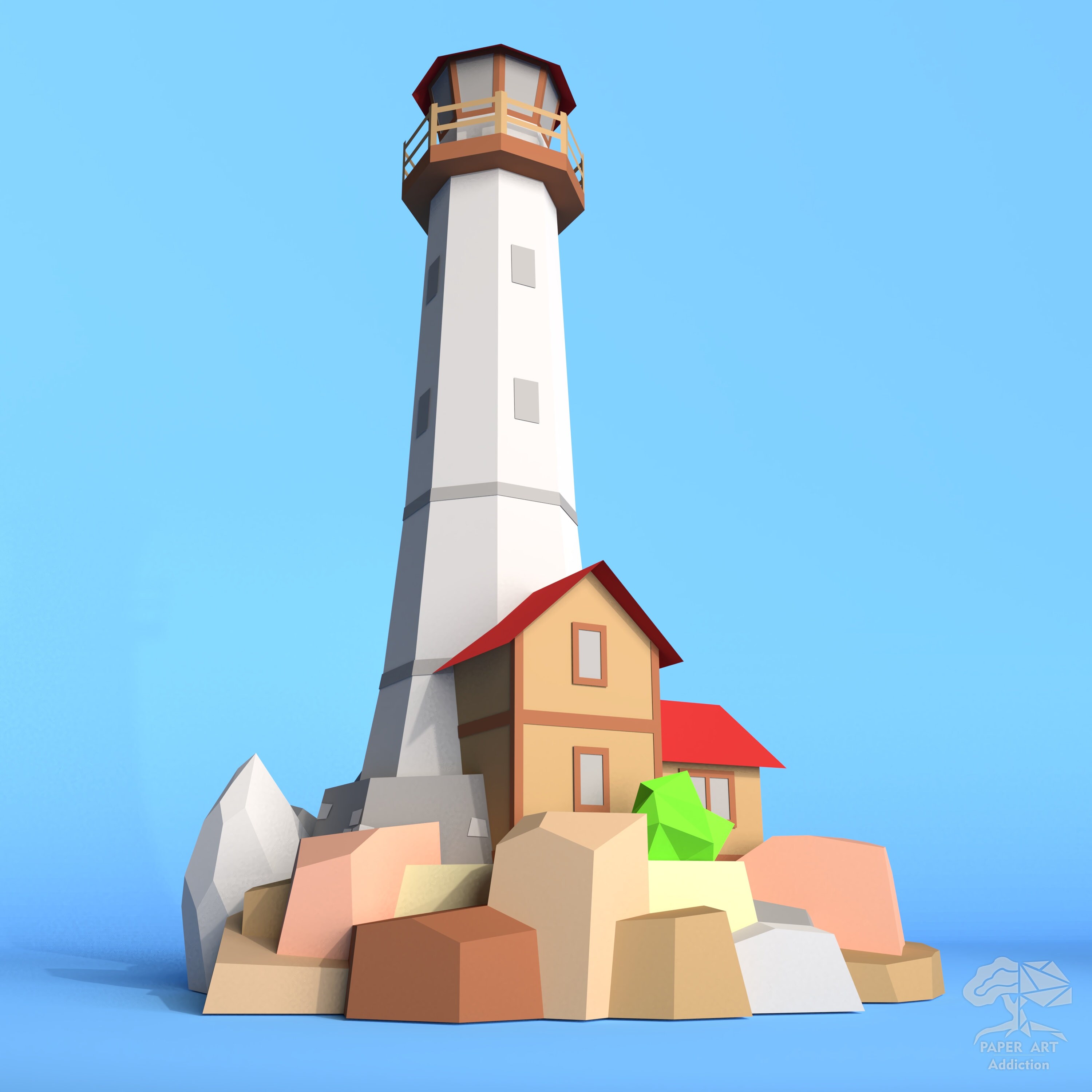 Lighthouse on Rocks 3D Papercraft PDF Pattern Template/ DIY Low Poly ...