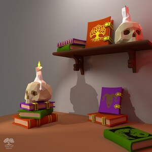 May include: A wooden shelf with three books, two skulls with candles, and a stack of books on a table. The books have purple, green, and orange covers with gold accents. The skulls are white with black eyes and a yellow candle on top.