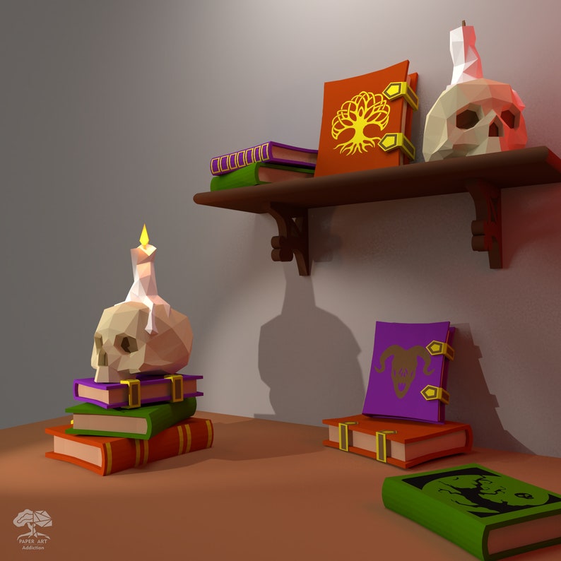 May include: A wooden shelf with three books, two skulls with candles, and a stack of books on a table. The books have purple, green, and orange covers with gold accents. The skulls are white with black eyes and a yellow candle on top.