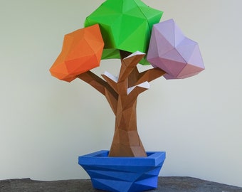 Four Seasons Tree 3D Papercraft PDF pattern, DIY Low poly origami model for indoor decor, Bonsai tree paper sculpture by Paper Art Addiction