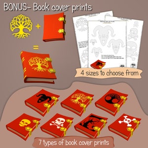 May include: Seven different book cover designs with various images, including a tree, skull and crossbones, a horned demon, and a tree with a circle around it. The text "BONUS- Book cover prints" is at the top of the image. The text "7 types of book cover prints" is at the bottom of the image.