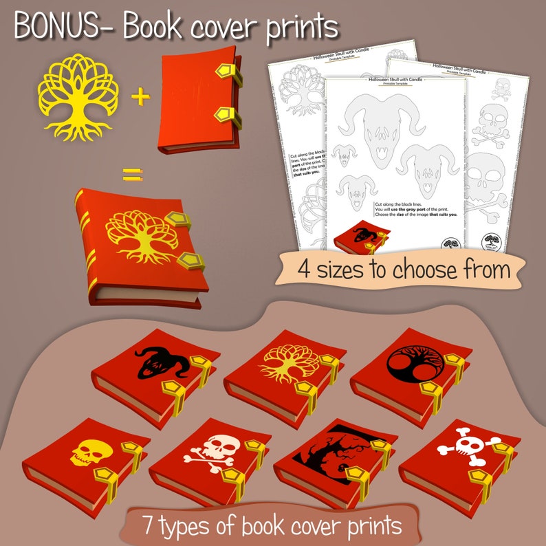 May include: Seven different book cover designs with various images, including a tree, skull and crossbones, a horned demon, and a tree with a circle around it. The text "BONUS- Book cover prints" is at the top of the image. The text "7 types of book cover prints" is at the bottom of the image.