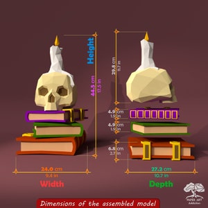 May include: A papercraft model of a skull with a candle on top, sitting on a stack of three books. The model is 17.5 inches tall, 9.4 inches wide, and 10.7 inches deep. The books are purple, green, and brown. The candle is white and the skull is beige.