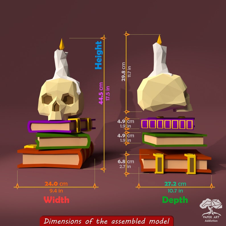 May include: A papercraft model of a skull with a candle on top, sitting on a stack of three books. The model is 17.5 inches tall, 9.4 inches wide, and 10.7 inches deep. The books are purple, green, and brown. The candle is white and the skull is beige.