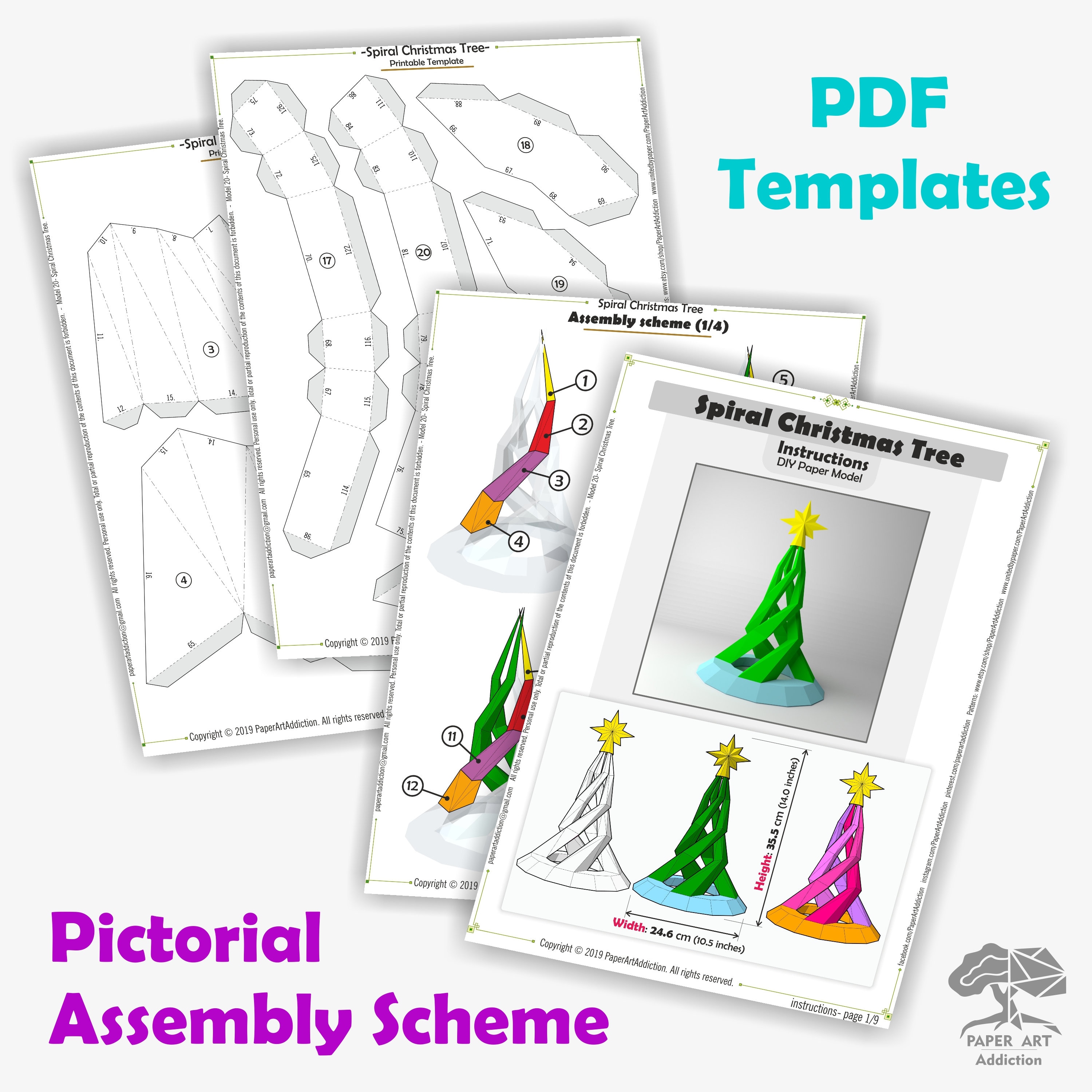 spiral christmas tree 3d papercraft pdf pattern / diy xmas low