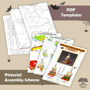 May include: A printable PDF template for a 3D paper model of a Halloween skull with a candle. The model is made of paper and is assembled by folding and gluing the pieces together. The instructions are included in the PDF file. The model is a fun and creative way to decorate for Halloween.