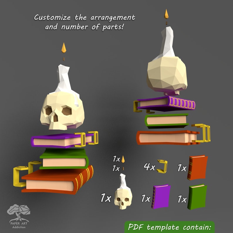 May include: A papercraft model of a skull with a candle on top, sitting on a stack of books. The books are in different colors, including red, green, and purple. The model is made up of 7 pieces, including 1 skull, 1 candle, 4 book covers, and 1 book spine. The image also shows the individual pieces of the model, with the number of pieces needed for each part.