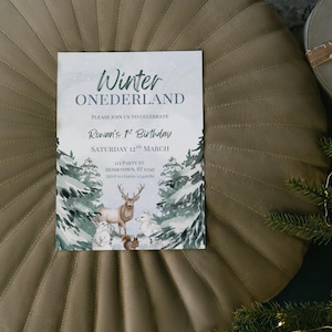 Faire-part d'anniversaire hiver Onederland – Faire-part 1er anniversaire modifiable | Thème neige des bois | Téléchargement instantané