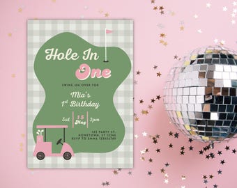 Hole In One 1st Birthday Invitation – Pink Golf Theme (Digital Download)