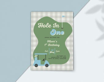 May include: A light blue and green golf-themed birthday invitation. The invitation features the text "Hole In One" and "Oliver's 1st Birthday". A golf cart and a golf flag are also included in the design. The invitation is on a light gray and white checkered background.