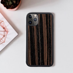 Striped Wood iPhone Case, Natural Timber Phone Cover, Dark Grain Protective Shell, Eco-Friendly Handmade Tech Accessories, Unique Design