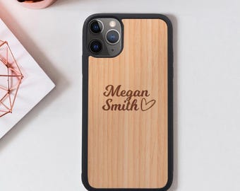 Personalized Wood iPhone Case Custom Name Engraved Phone Cover Real Wooden Case iPhone 16 15 14 13 12 11 Pro Max Heart Design Gift for Her