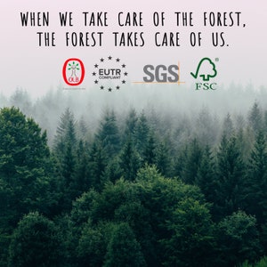 May include: A misty forest scene with the text "WHEN WE TAKE CARE OF THE FOREST, THE FOREST TAKES CARE OF US."  The image also includes three logos: OLB, EUTR COMPLIANT, and SGS FSC.