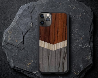 Funda de madera para iPhone, funda de madera Chevron, funda protectora de madera auténtica, diseño geométrico hecho a mano, funda de madera auténtica para iPhone