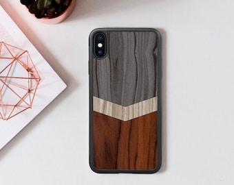 iPhone-hoesje geometrisch hout, telefoonhoes natuurlijk walnoot en esdoorn, dun, milieuvriendelijk houten telefoonhoesje, premium technisch accessoire