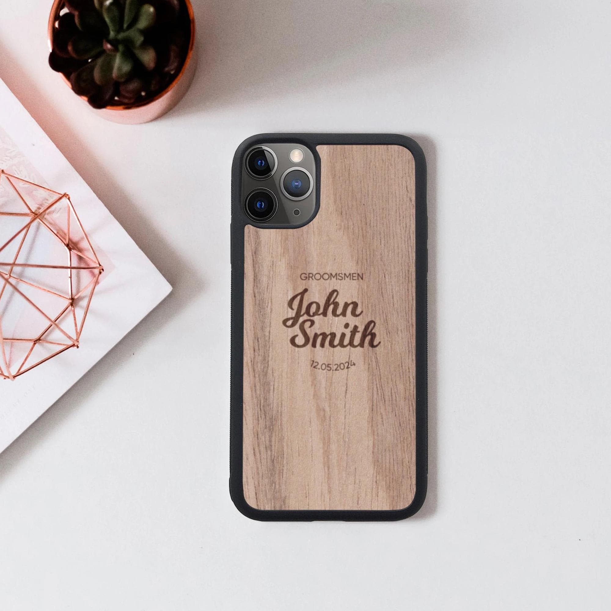 パーソナライズされた木製iPhoneケース、カスタム名入れ彫刻、木製電話