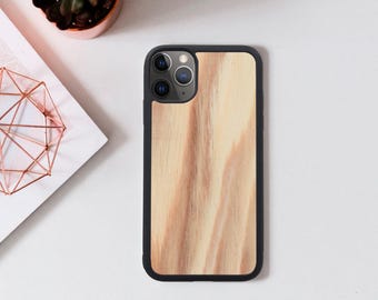 Minimalist Wood iPhone Case, Eco Friendly Phone Cover with Black Silicone Bumper, Natural Grain Protective Case for Him Her, Tech Gift Idea