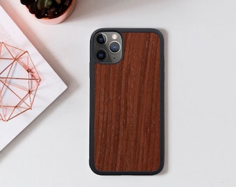 Walnut Wood iPhone Case, Real Wood and Black Silicone Bumper Cover, Handmade Wooden Phone Case, Natural Walnut iPhone Cover, Christmas Gift