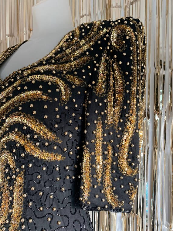 Vintage 80s Black and Gold Sequin Gown - image 6