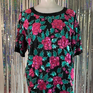 Vintage Black top with sequin roses and leaves image 2