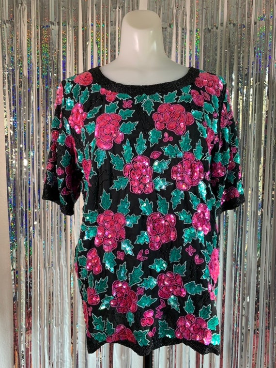 Vintage Black top with sequin roses and leaves - image 2