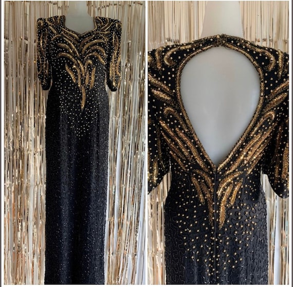 Vintage 80s Black and Gold Sequin Gown - image 1